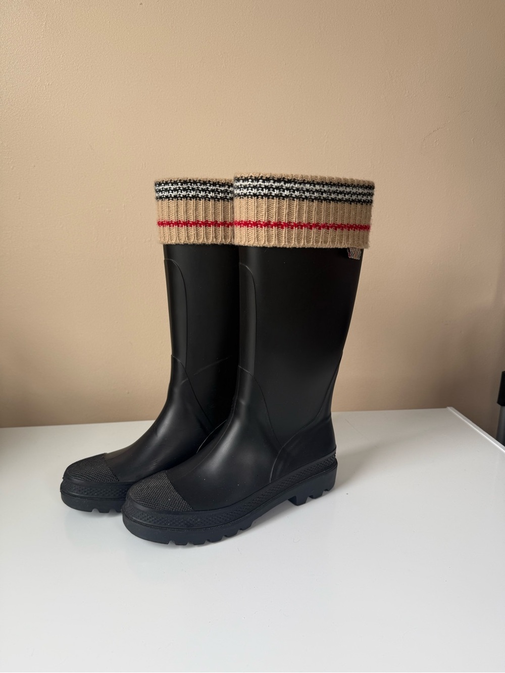 Burberry Black Rain Boots with Beige Knit Cuff and Red/Black Stripes